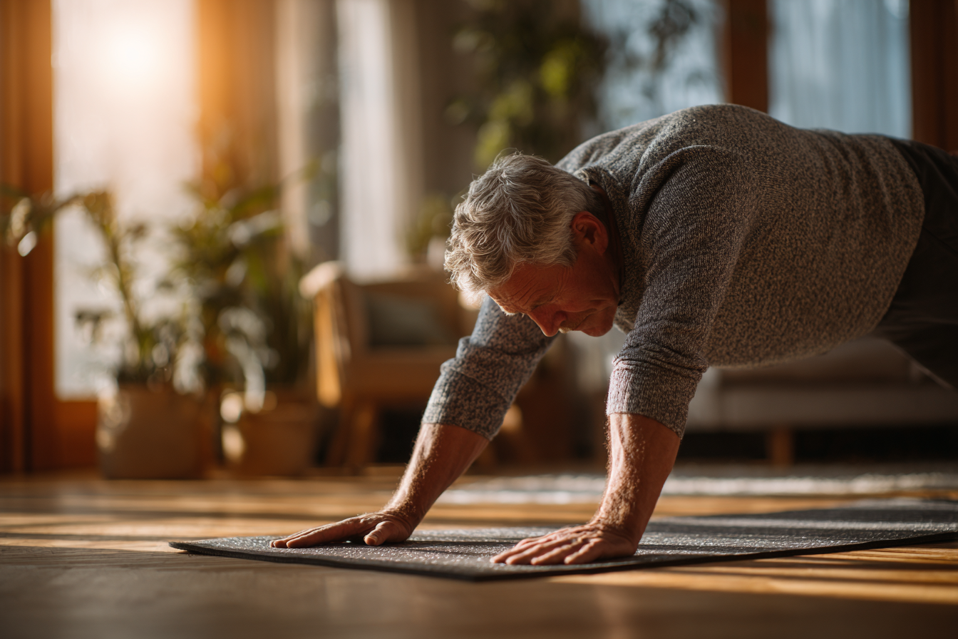 Instructor de yoga ghidând un grup de seniori